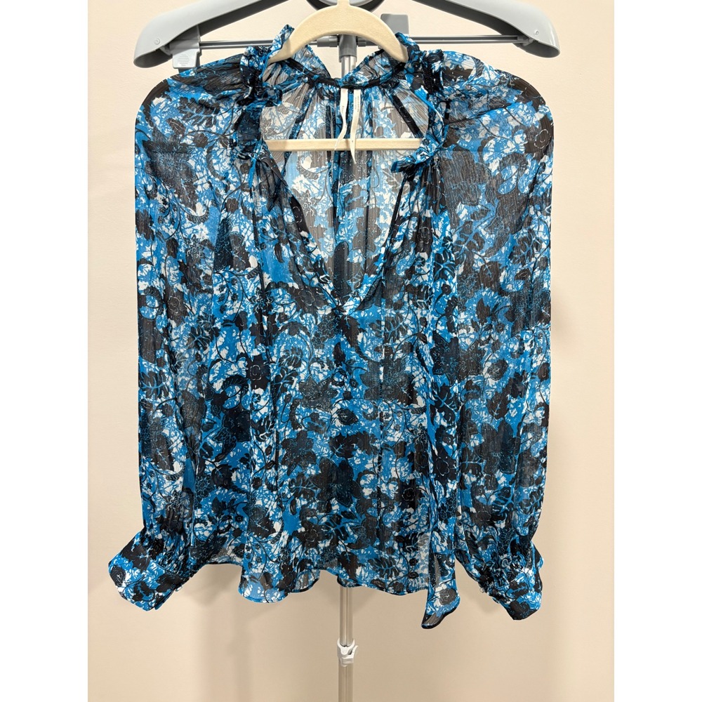 Anthropologie Sheer Printed Floral Puff Ruffled Long Sleeve Top‎ Size Medium